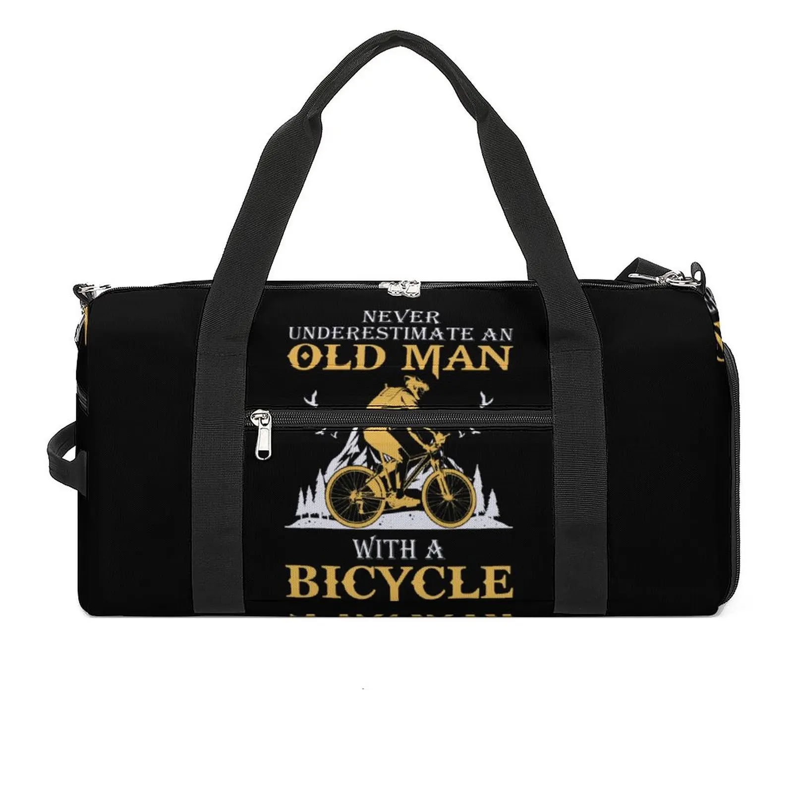 

Never Underestimate Gym Bag An Old Man With A Mountain Bike Weekend Sports Bags Large Travel Training Design Handbag Fitness Bag