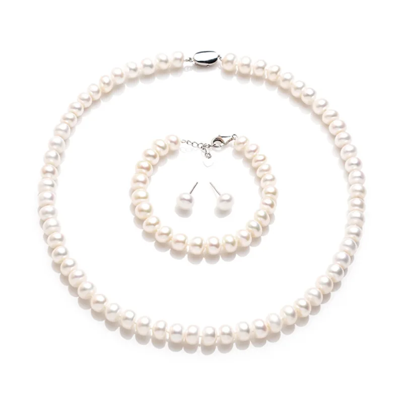 

Elegant Natural Freshwater Pearl Set For Women Necklace Bracelet Earrings S925 Silver Luxury Designer Jewelry Anniversary Gift