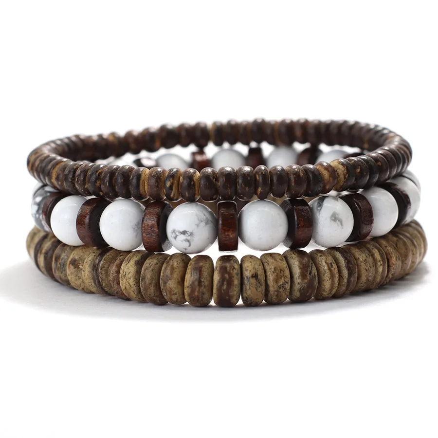 Men Coconut Husk Beads Bracelet Set with Howlite Lava Tiger Eyes Stone