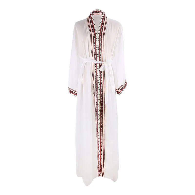 White Chiffon Long Maxi Kimono Cardigan Women Beach Cover Up Embroidery Edge with Belt Tunica Kaftans Femininos Beachwear swimsuit cover up swimsuit coverup chiffon cardigan top