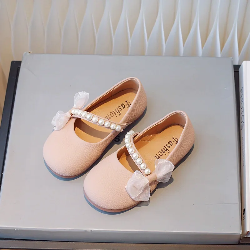 Girl Princess Leather Shoes Chic Versatile Soft Elegant Fashion Lace Bowknot Beading Kid Loafers Wedding Slip-on Mary Janes leather shoes,mary jane shoes,girls shoes