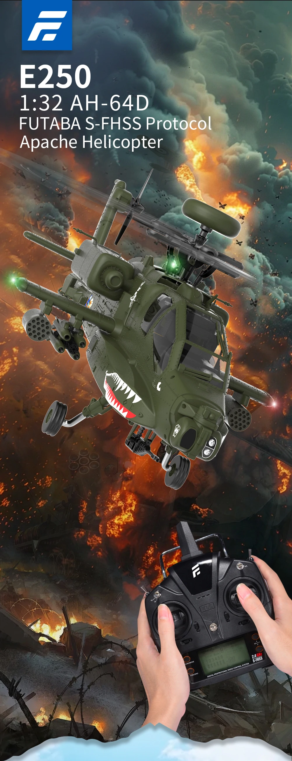 Eachine E250 AH-64 Apache 2.4G 6CH 3D 6-Axis Gyro Dual Brushless Motor 1:32 Scale Flybarless RC Helicopter Compatible With Futaba S-FHSS Protocol