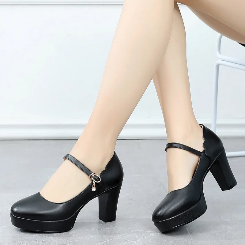 

8cm Small Size 33-42 Soft Leather Mary Janes Platform Pumps Fall 2023 Block High Heels Shoes Women for Office Model Wedding Mom