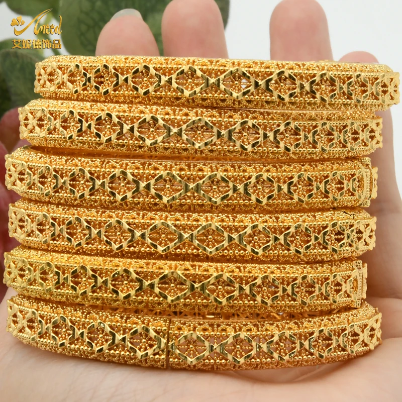ANIID 4Pcs /Set 24K Dubai Gold Plated Bangle Bracelet For Women Ethiopian Arabic African Dubai Indian Wedding Bride Jewelry Gift