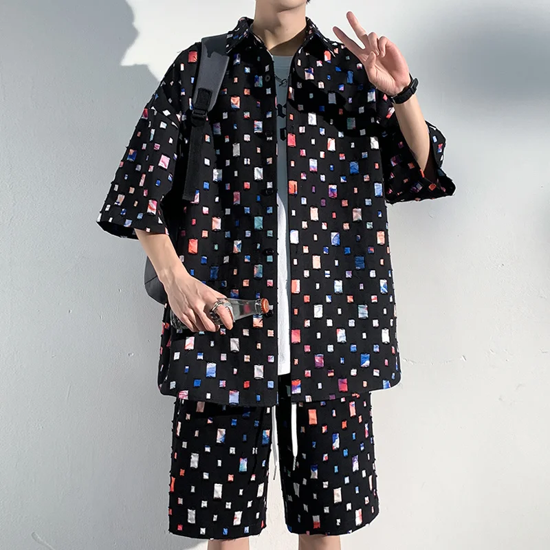 Summer Plaid Sets Men Fashion Short Sleeved Shirt/Shorts Two-piece Mens Streetwear Loose Hollow Out Set Mens Short Sets M-5XL 4