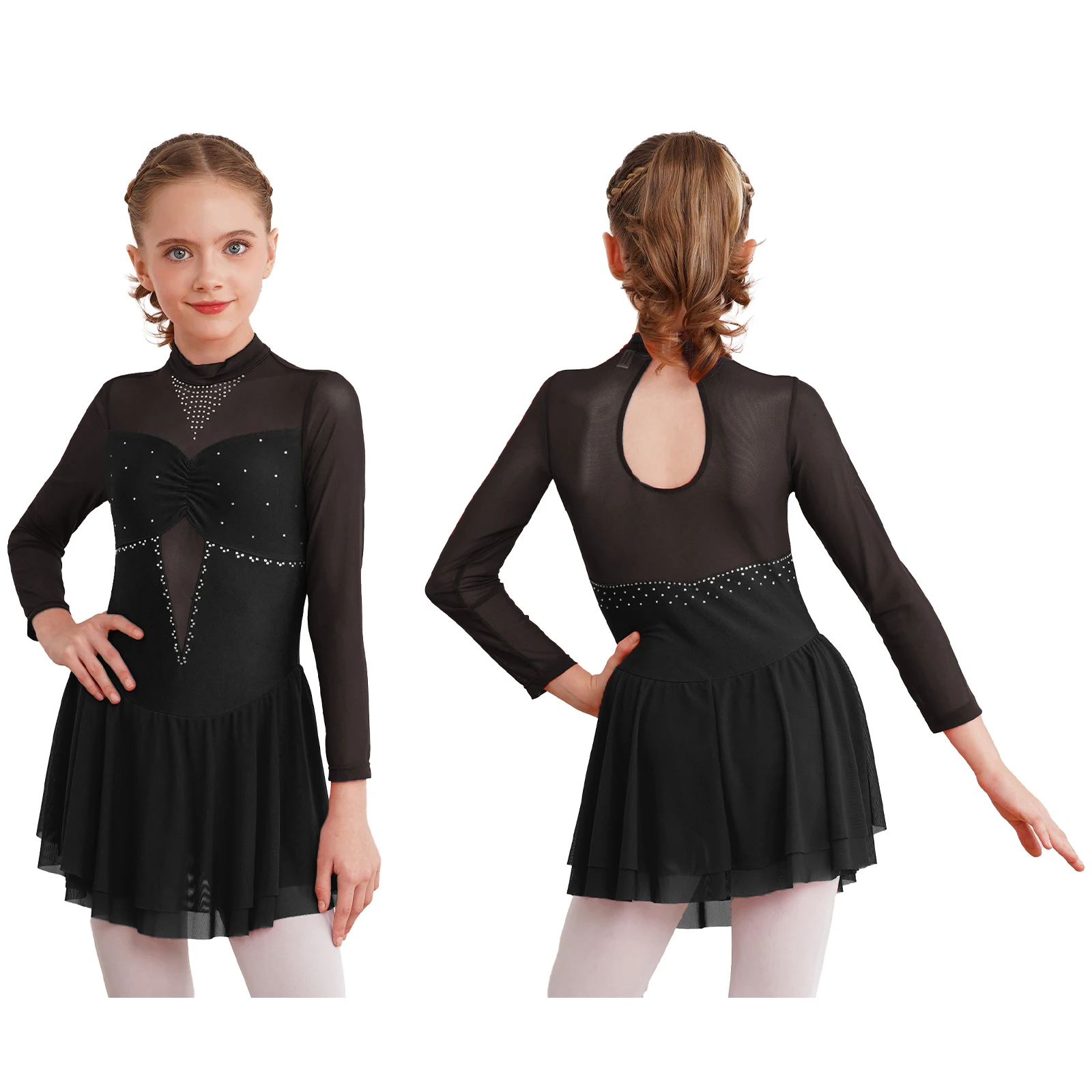 thumbnail image 1 of Niños Niñas gimnasia leotardo vestido tutú Ropa de baile manga larga cuello redondo brillante Rhinestone figura patinaje vestido de baile de salón, 1 of 5