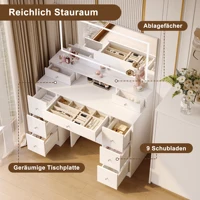 Rosahqnda 3-цветный светодиодный туалетный столик с табуреткой, современный туалетный столик с сенсорным управлением, большое зеркало и большое хранилище, станция для макияжа — изображение 3