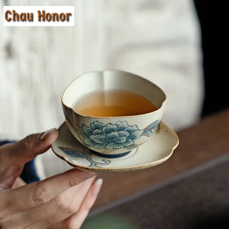 100ml Blue And White Flint Red Tea Cup Handmade Gold Drawing Peony Flower Tea Bowl With Saucer Kit Personal Master Cup Drinkware