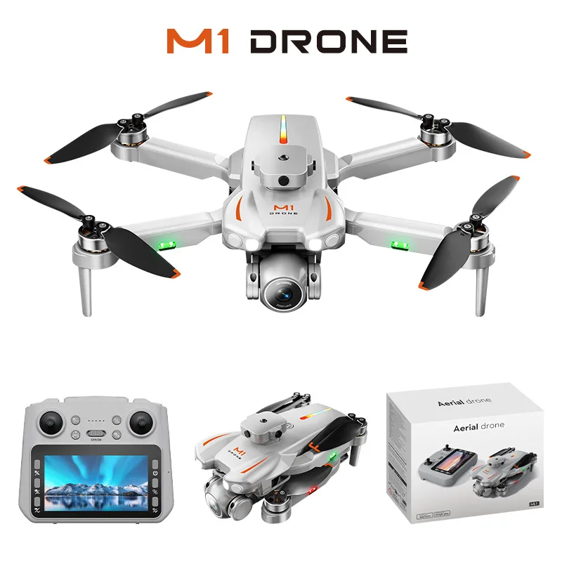 Drone pliable sans balais avec double caméra HD et GPS posé sur fond blanc, prêt à décoller.