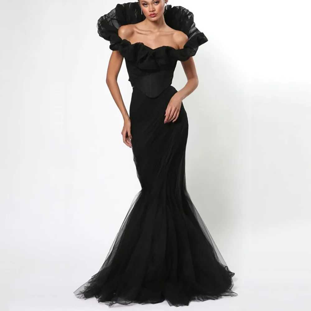 Fashion Black Evening Dress Fancy Off The Shoulder Pleat Tulle Mermaid Prom Gown Back Zipper Party Dress Customized