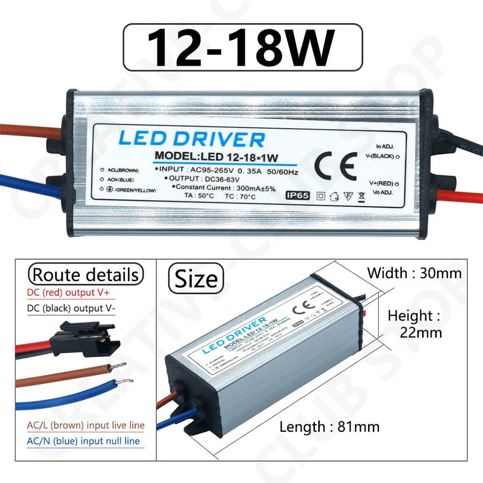 LED-Treiber 1–3 W, 4–7 W, 8–12 W, 12–18 W, 18–25 W, 25–36 W, Adapter, Transformator, AC85 V–265 V, wasserdicht, IP65, Netzteil 300 mA für Panel-Licht – Detail 4