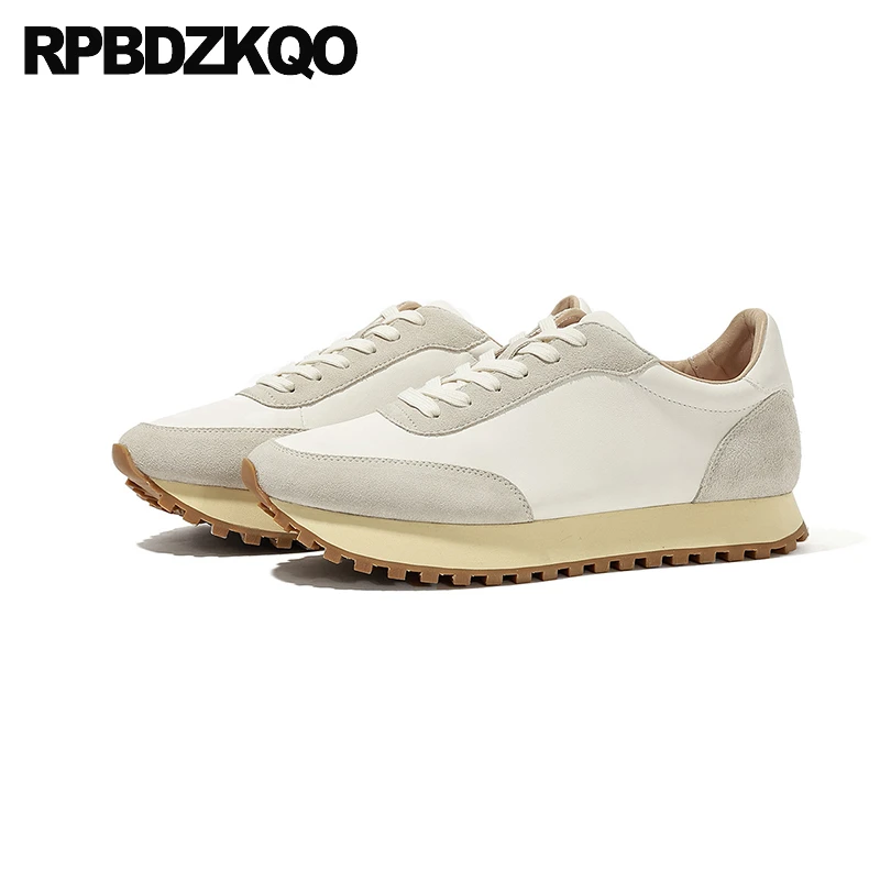 

Trainers Athletic Genuine Leather Stylish Nubuck Shoes Lace Up Patchwork Flats Cowhide Celebrity Sneakers Men Round Toe Sport