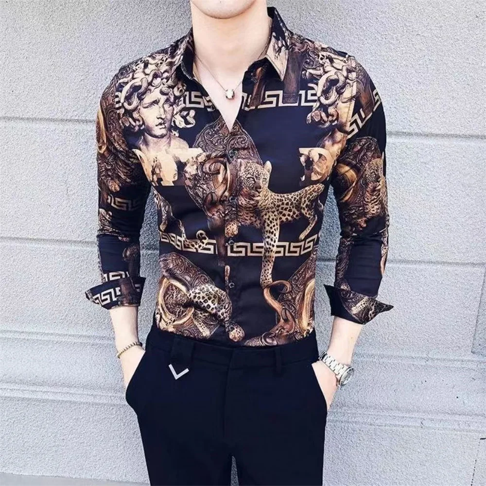 2024 autumn new personalized printed long-sleeved shirt male Korean version slim-fit British trend hair stylist floral shirt