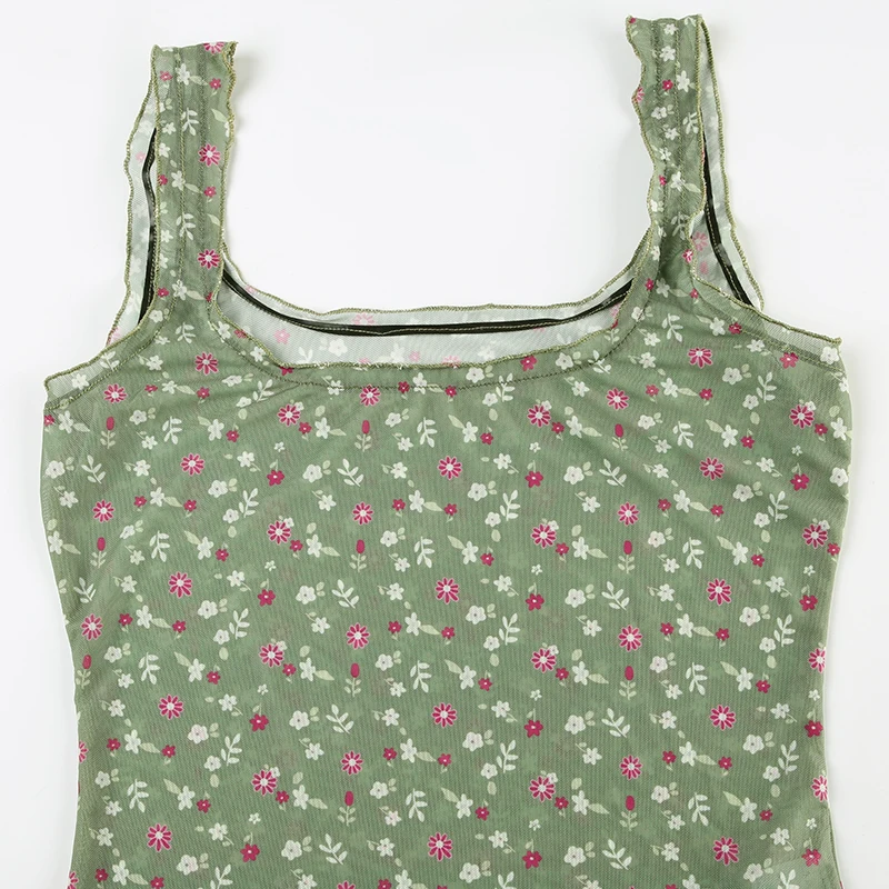 Camiseta sin mangas de malla transparente con estampado floral para mujer, camiseta de verano ajustada Y2K con cuello cuadrado vintage, camiseta sexy de moda