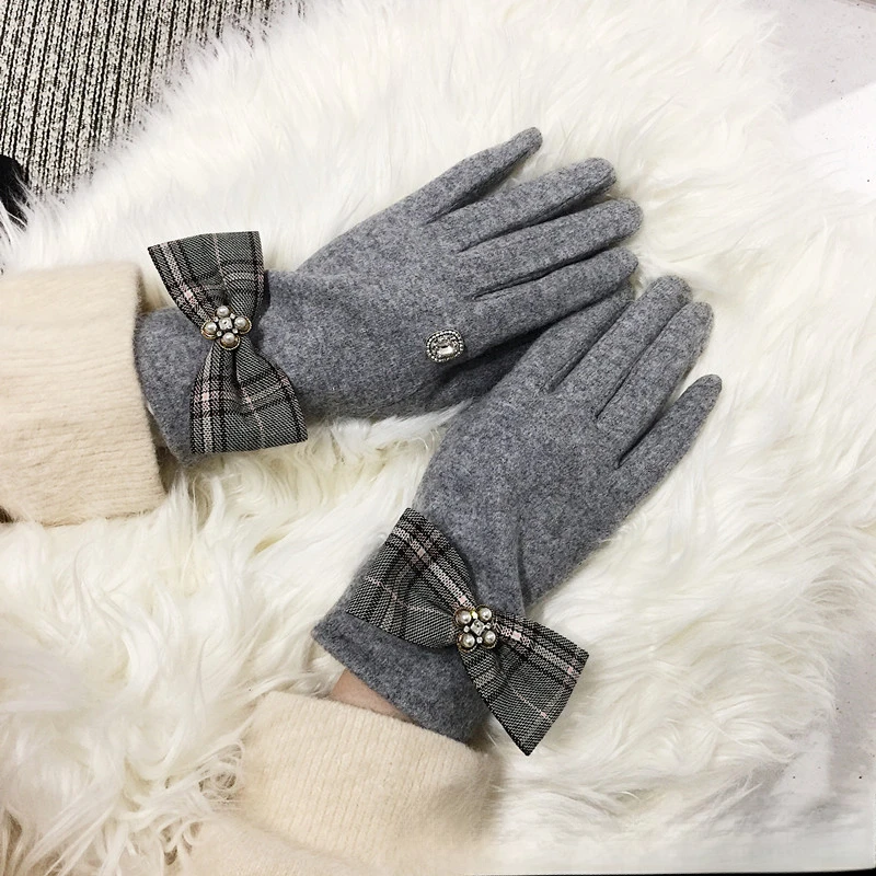 2020 Jesień/Zima Nowe Podzielone Palce Cookie Brytyjski Wzór Kokarda Styl Wełna Kaszmir Rękawiczki dla Kobiet_voghion.com