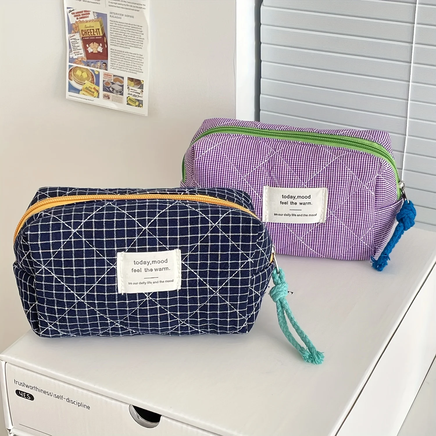 1pc Vintage Plaid Cotton Cosmetic Bag Casual Style Lightweight with Random Print Design  Portable Travel Organizer Pouch 5