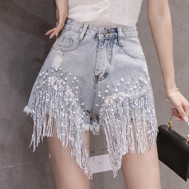 Summer Elegant  Female Casual Solid Shorts Jeans Lady Tassel Beading High Waist Wide Leg Denim Shorts