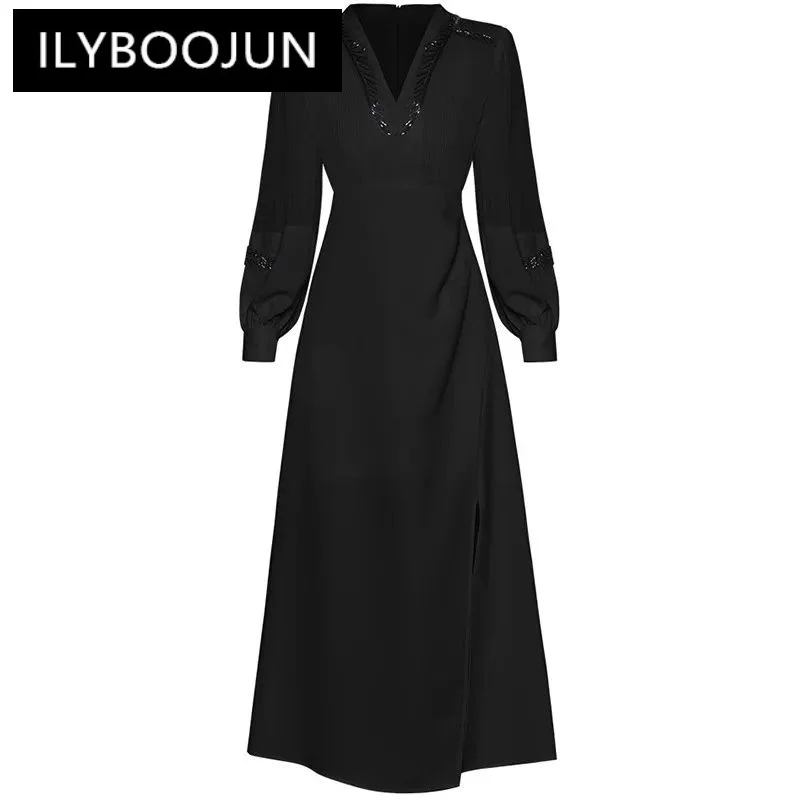 

ILYBOOJUN New Fashion Designer Women's Spring 2024 New V-Neck Lantern Long-Sleeved Nail Beads Pleated High-Waisted Split Dress