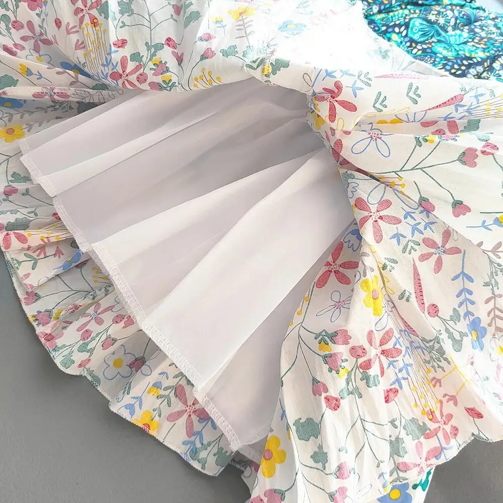 Kids Girls Pleated Skirts Princess Korean Girls Cotton Printed Large Hem Skirt Kids Floral Fluffy Party Skirt Children Clothes