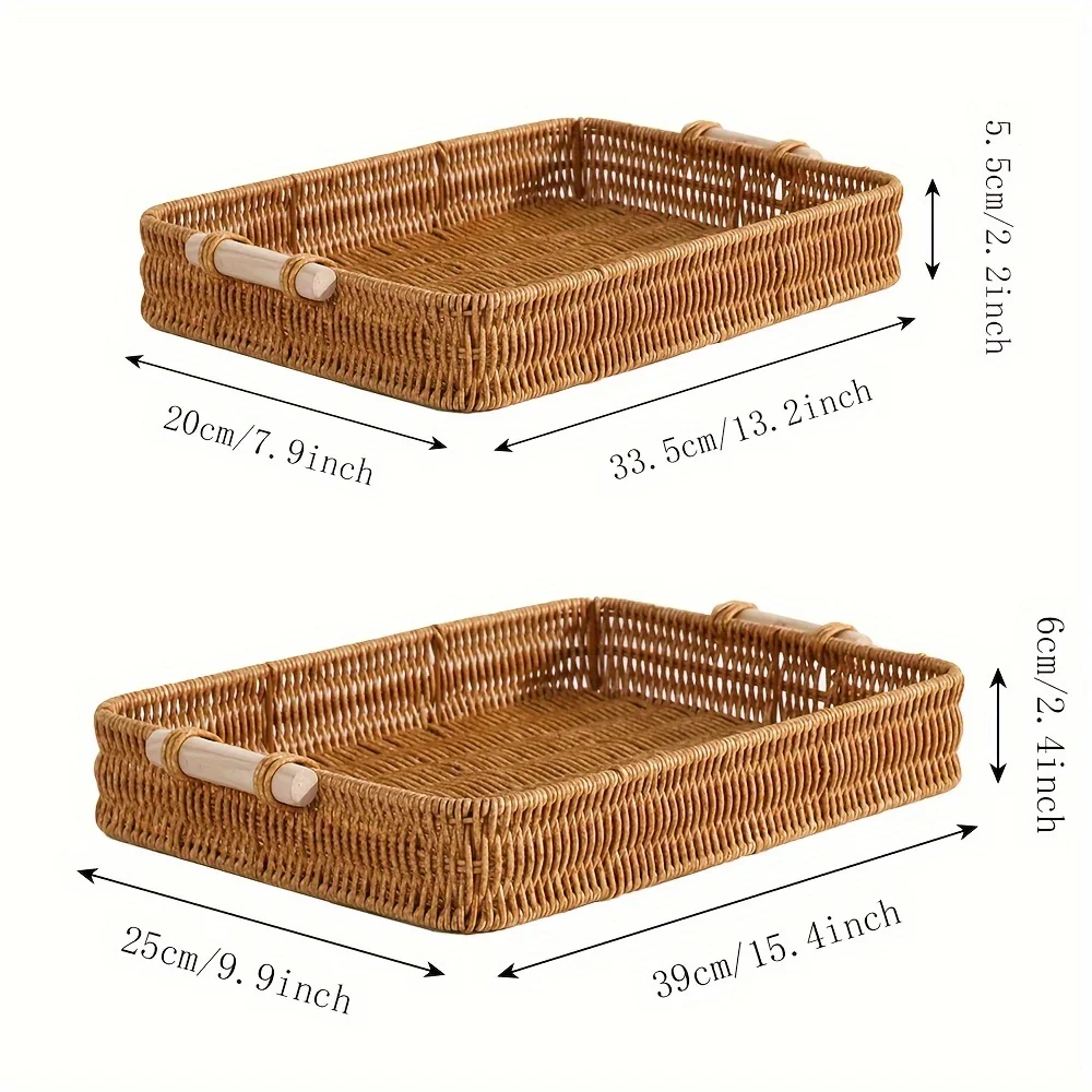 Stackable Woven Rattan Storage Basket - Organizer with Wooden Handle for Home Kitchen Bathroom Bedroom Hotel  Shelf  Storage Box 5