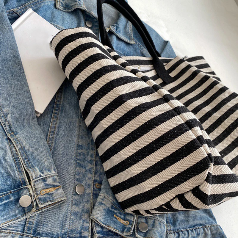 Women Canvas Shoulder Bag Ladies Shopping Bags High Quality Handbags Simple Stripe Design Tote Books Bag For Girls