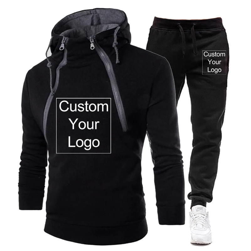 Spring Autumn Custom Logo New Fashion Placket Double Zipper Cardigan Contrast Hooded Coat Suit 2 Pcs Tracksuit