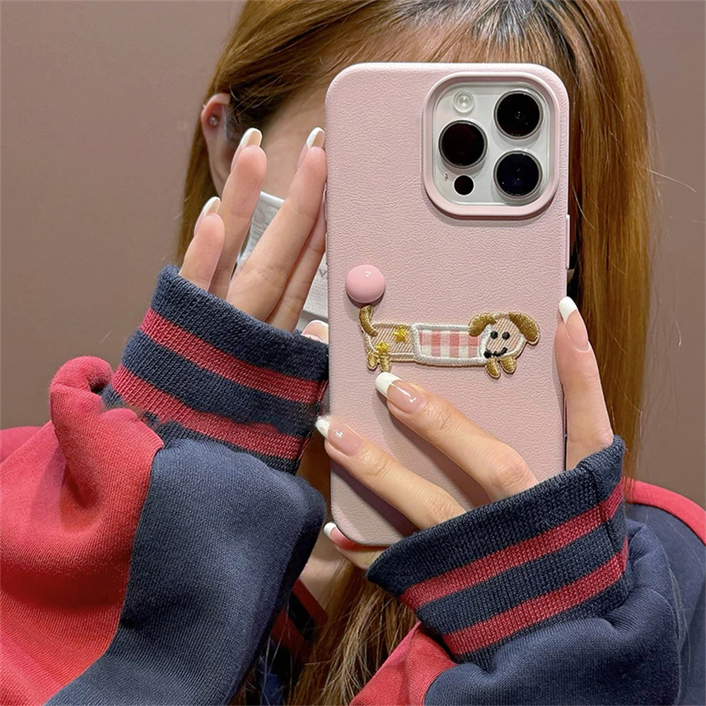 Étui en cuir à motif de boule de chiot de dinosaure brodé en 3D coréen mignon pour iPhone 15 Pro Max 14 Pro 13 12 11 couverture souple de dessin animé_voghion.com