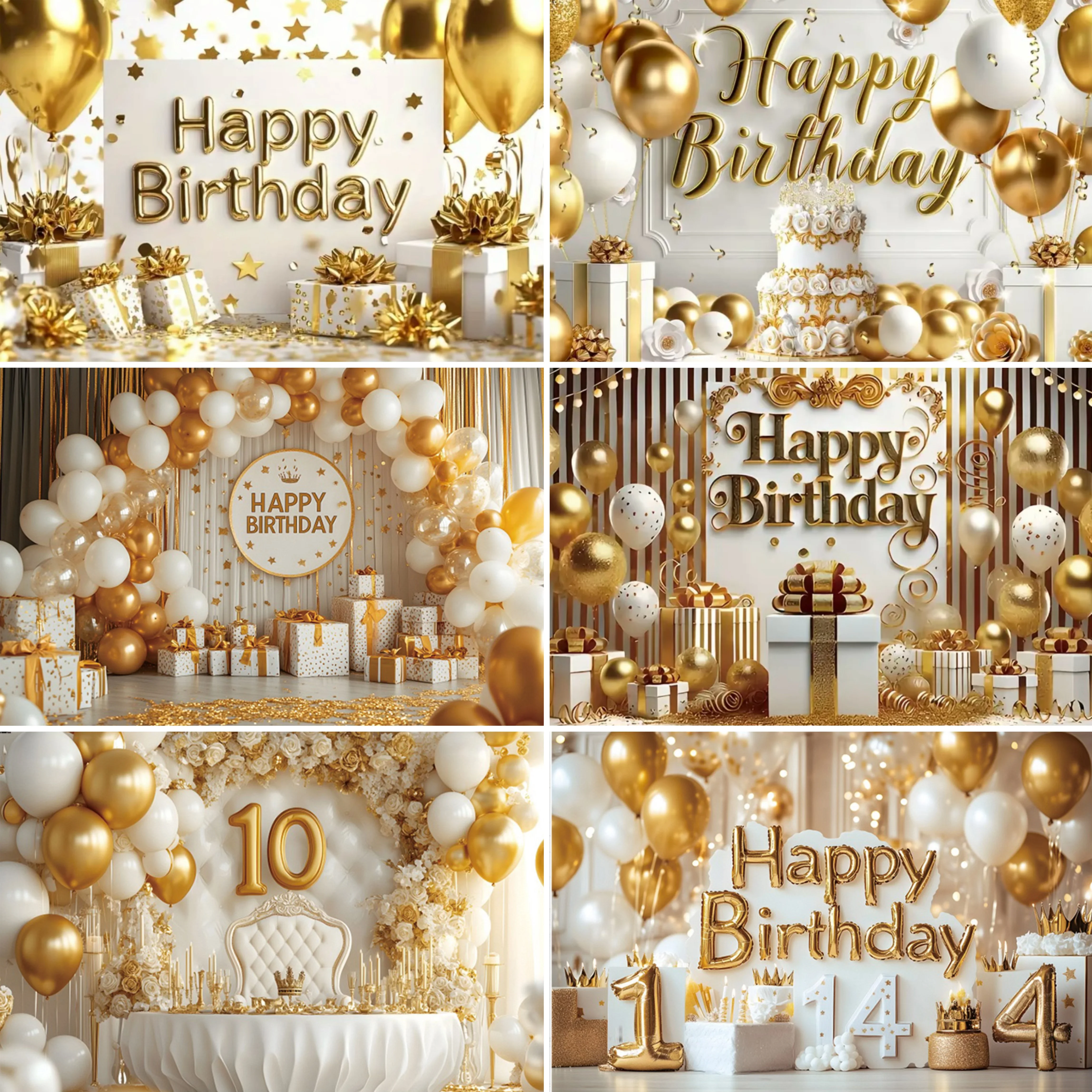 Geburtstagsparty-Hintergrund, goldener funkelnder Ballon, Kuchenstand, Banner, Poster, für Erwachsene und Kinder, Party-Dekoration, Geschenk-Requisiten