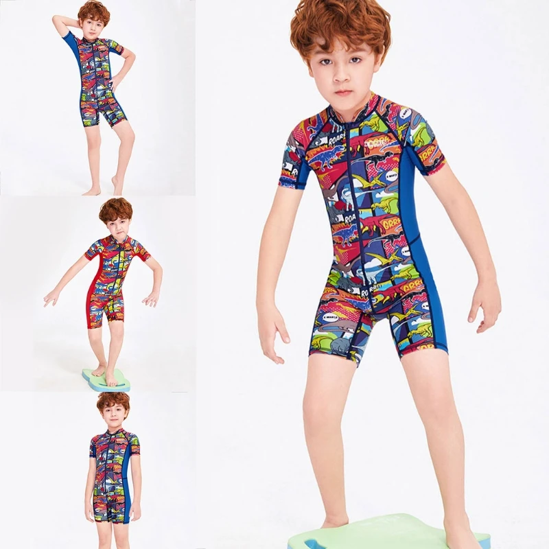 

Kids Boys One-piece Elastic Short Sleeve Swimsuit Diving Bathing Suit Sunscreen Swimwear Paddlesuit