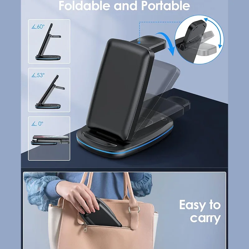 30W 3 in 1 Wireless Charger Stad Pad Fodable RGB Light Fast Charging Station Dock For iPhone 15 14 13 X iWatch 8 7 6 Airpods Pro