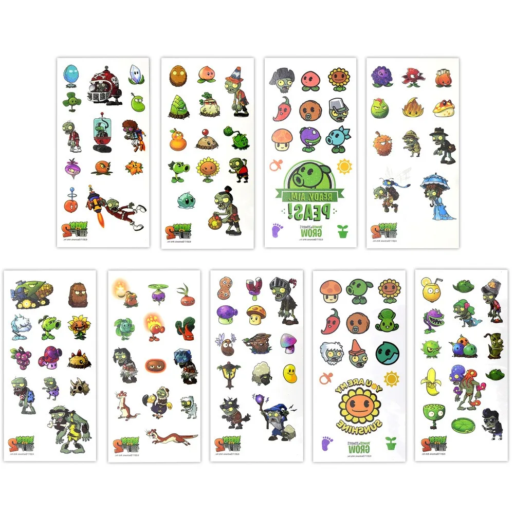 9 Sheets Plant Vs Zombies Waterproof Temporary Tattoo Sticker Party Supplies tattoo sticker temporary tattoo sticker