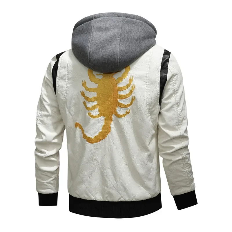 Men Winter Driving Leather Jacket Men Scorpion Embroidered Hooded Jacket PU Leather Motorcycle Jacket 5