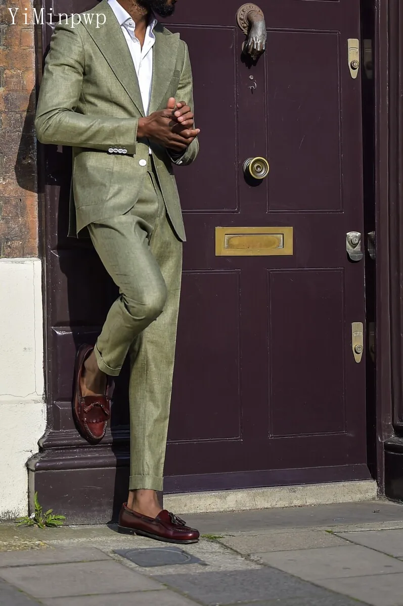 Summer Army Green Men Suits 2 Pieces Peaked Lapel Wedding Travel Daily Casual Suit Blazer Sets Costume Homme Jacket+Pants
