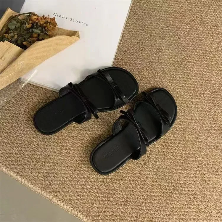Double Bowtie Flat Slippers Shoes Woman 2024 Trend Silver Black Flats Sandals Mules Women's Summer Footwear Chaussures Femme