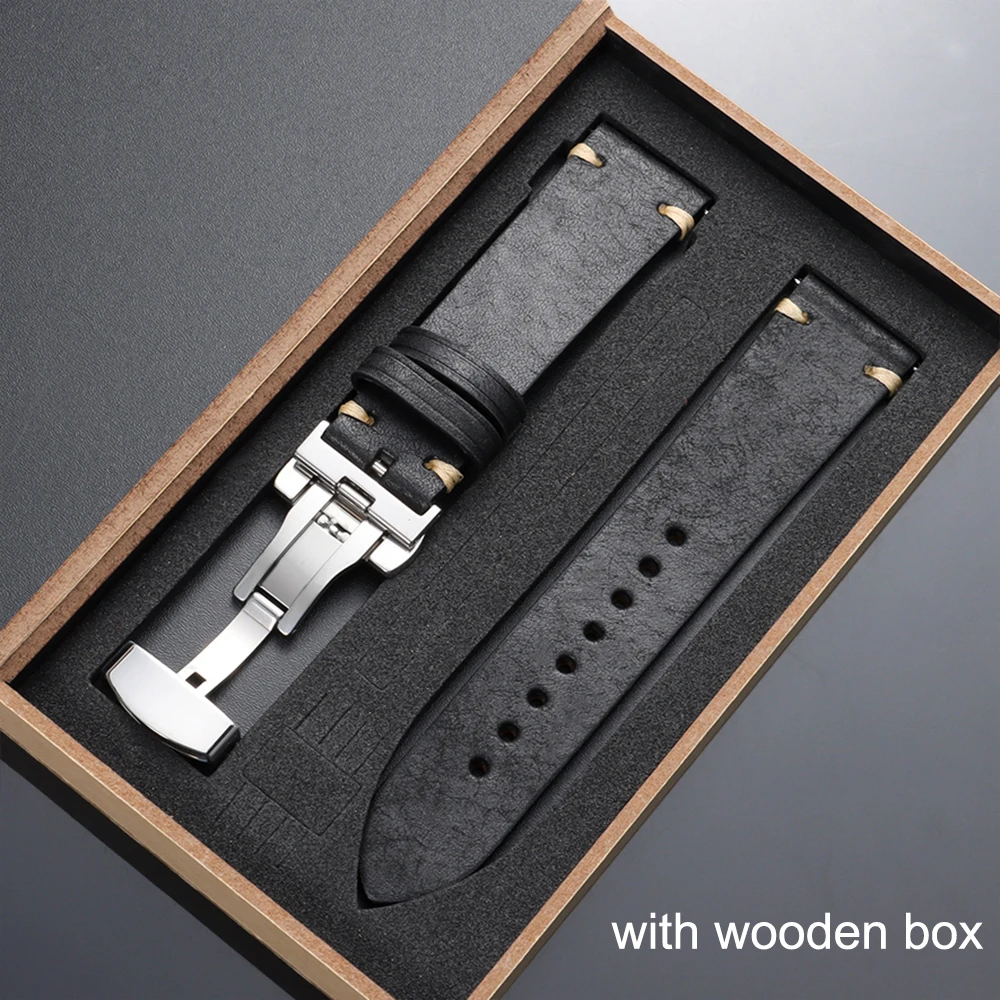 Elegant Top-Grain Leather Watch Band with Butterfly Buckle and Gift Box