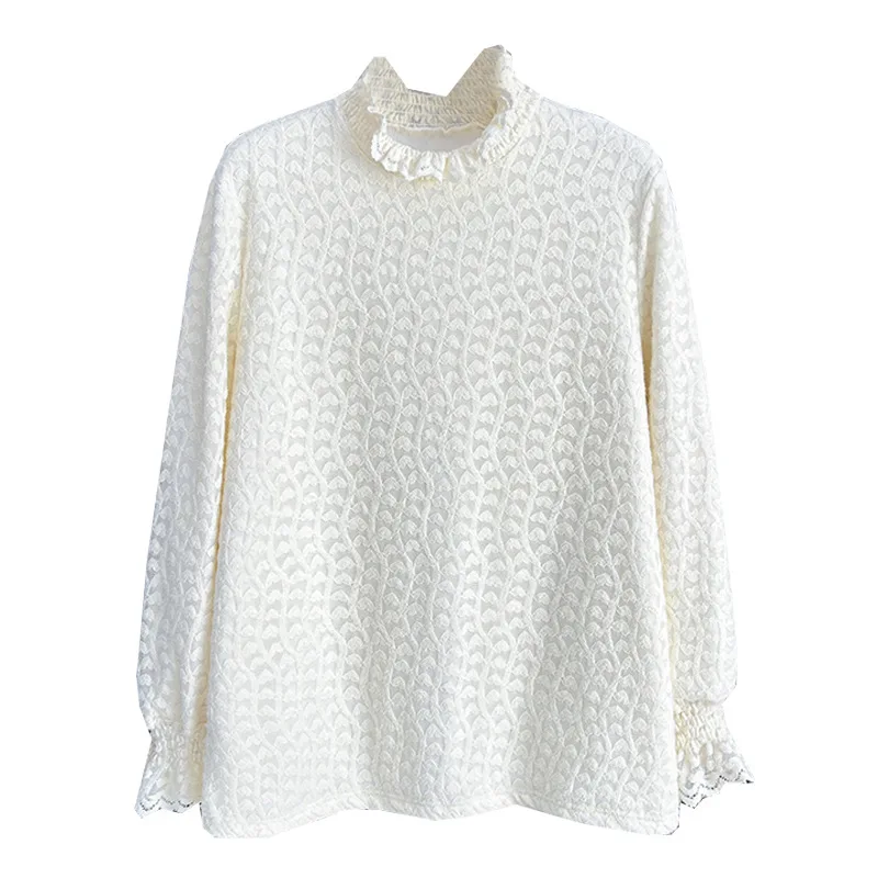 

Женская Повседневная теплая футболка, базовая Кружевная футболка с воротником-стойкой и флисовой подкладкой, Осень-зима 100 кг