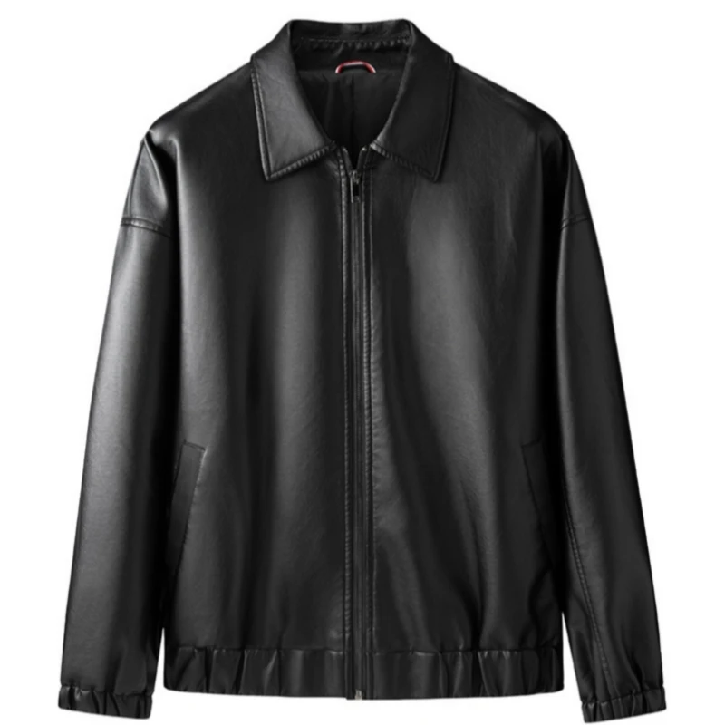 

Leather men's jacket autumn trend handsome casual loose fitting long sleeved lapel motorcycle PU leather jacket
