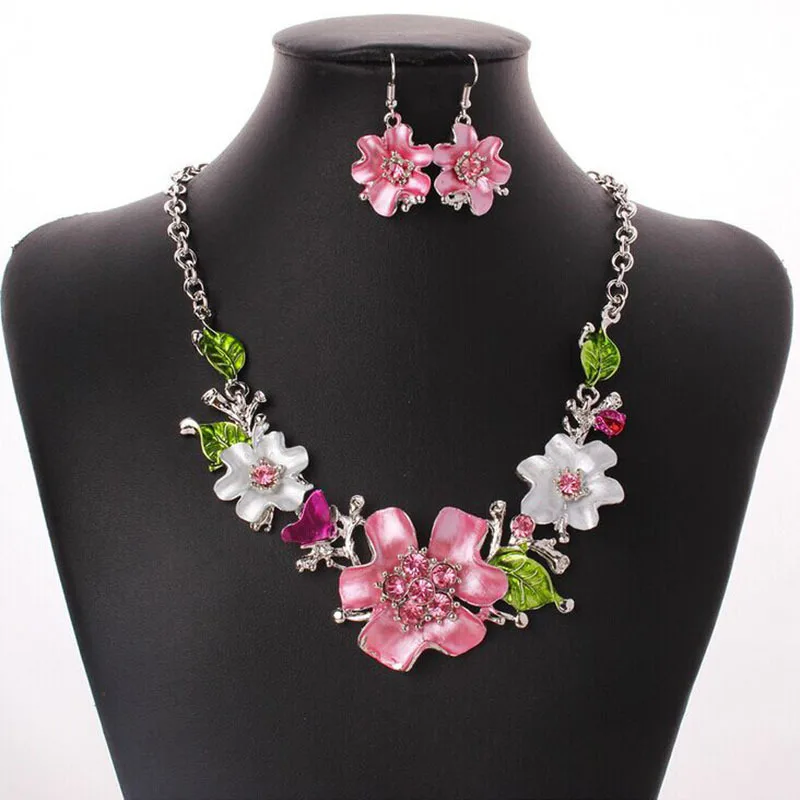 Jewelry sets 2Pcs/set rhinestone flower necklace earrings luxury