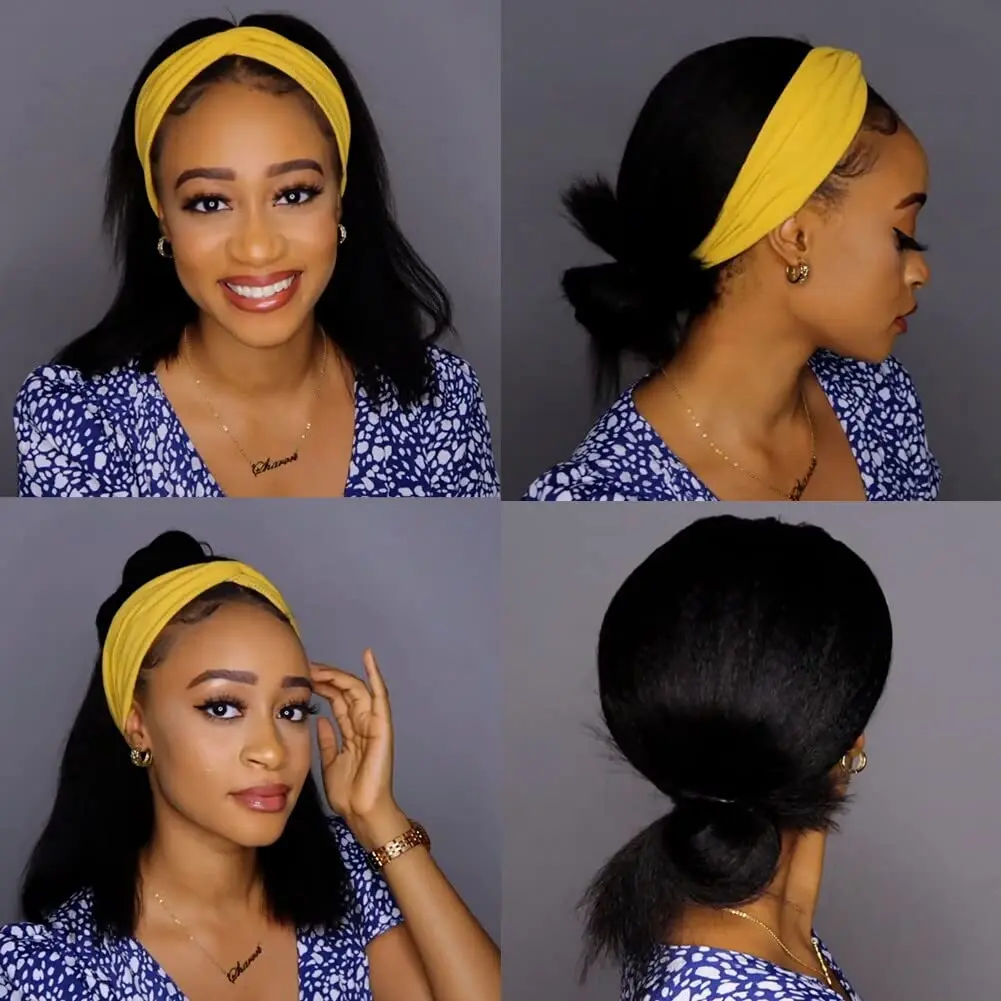 Kinky Straight Headband Wigs Human Hair Glueless Headband Wigs for Black Women None Lace Front Human Hair Wig 150% Density