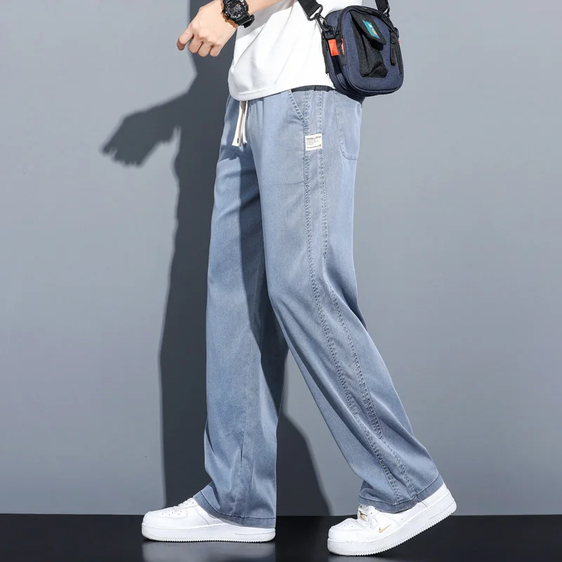 Brand Clothing Soft Lyocell Fabric Men's Jeans Loose Straight Pants Drawstring Elastic Waist Korea Casual Trousers Plus Size 5XL 5