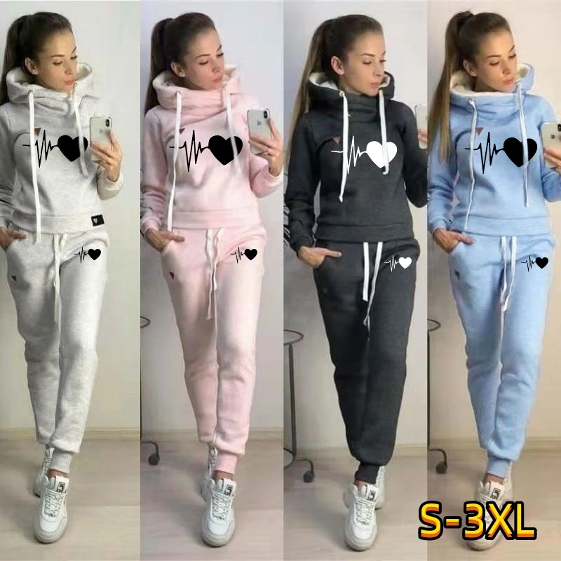 Hot Women ECG Print  Sportsuits Two Piece Suits Hooded Sweatshirts Long Pants Fashion Sets Jogger Suits