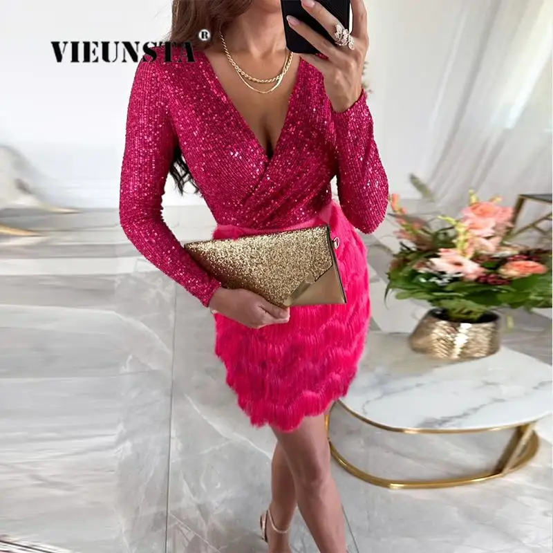 

Women Glitter V-Neck Plush Tassel Slim Dress Sexy Cascading Fringe Banquet Mini Dresses Lady New Party Sequins Patchwork Dresses