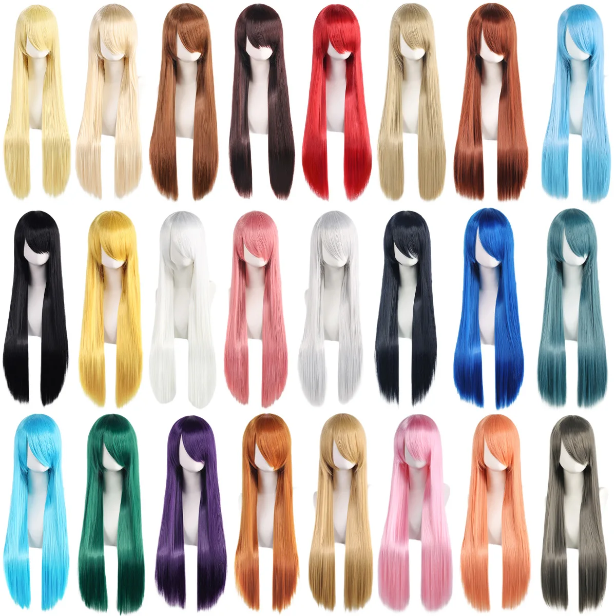 Perruques de Cosplay synthétiques blanches violettes de 80cm de Long, cheveux verts lisses argentés, postiche rose, perruque Lolita avec frange