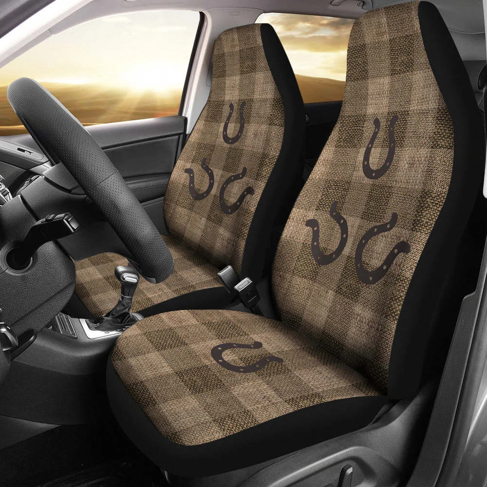

Dark Burlap Style Buffalo Plaid Car Seat Covers With Rustic Horseshoes,Pack of 2 Universal Front Seat Protective Cover