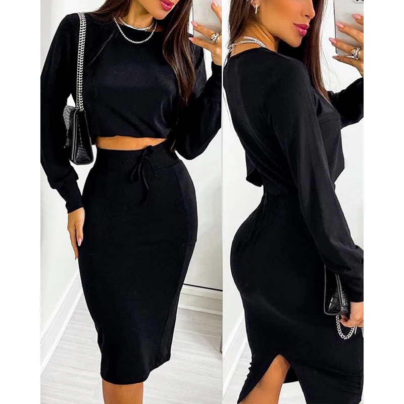 

Fashion Women Two Piece Set Long Sleeve Cropped Solid Top & Drawstring Midi Skirt Set