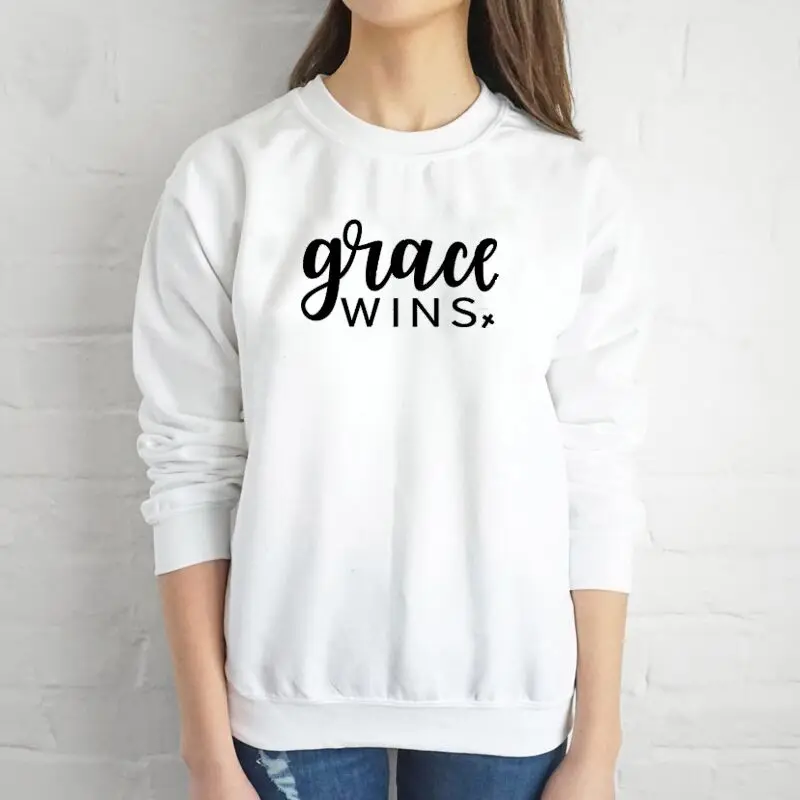 Grace Wins Funny Slogan Round Neck Christian Jesus Hoodies Pulloves 100% Cotton Harajuku Women Sweatshirt Full Long Sleeve Shirt
