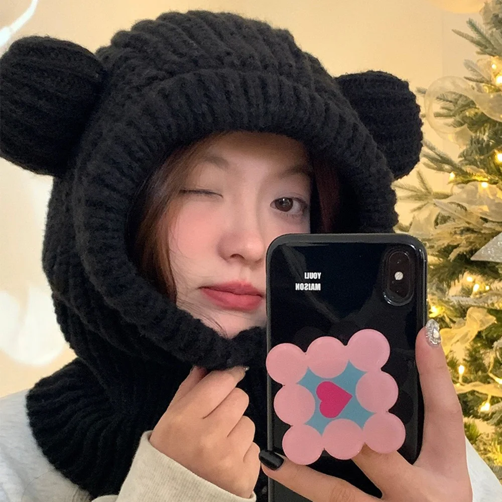 

Knitted Wool Hooded Beanie Hat Cartoon Cute Bear Ear Headgear Scarf Pullover Cap Women Winter Warm Ear Protection Crochet Bonnet