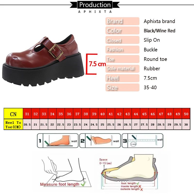 Aphixta Luxury Leather Women Platform Shoes 7.5cm Chunky Heel Buckle Modern Boots Shoe Wine Red Woman Boats botines para mujeres