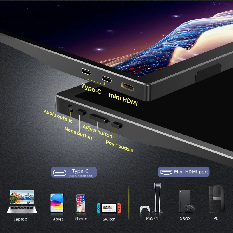 HGFRTEE 18.5인치 휴대용 모니터 120Hz RGB100%(VESA 홀 및 후면 브래킷 포함) 노트북 확장 디스플레이 ADS-IPS HDR 스크린
