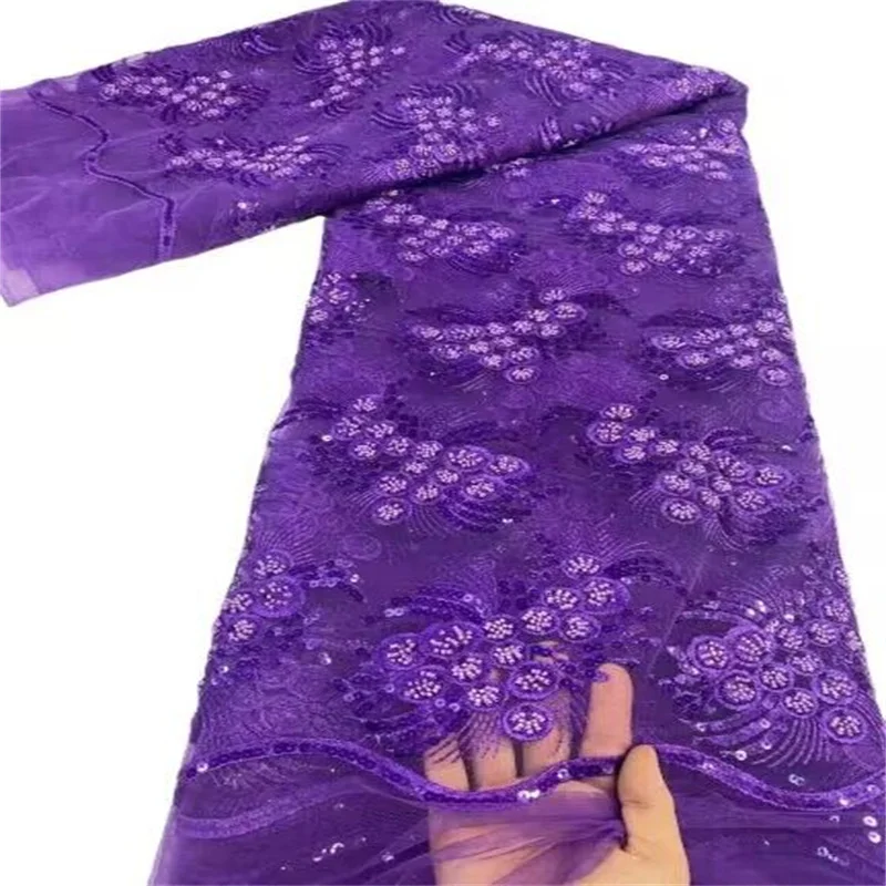 

Purple Latest Luxury Elegant French Embroidery Groom Lace Fabric African Nigerian With Sequins Fabric For Wedding Party Dress